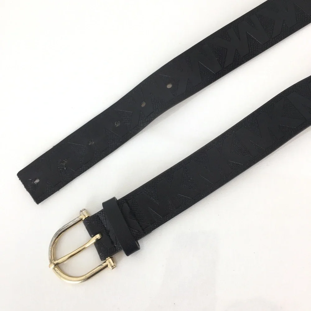 Michael Kors Black Leather Monogram Belt Gold Tone Metal Horseshoe Buckle Size S - Picture 3 of 10